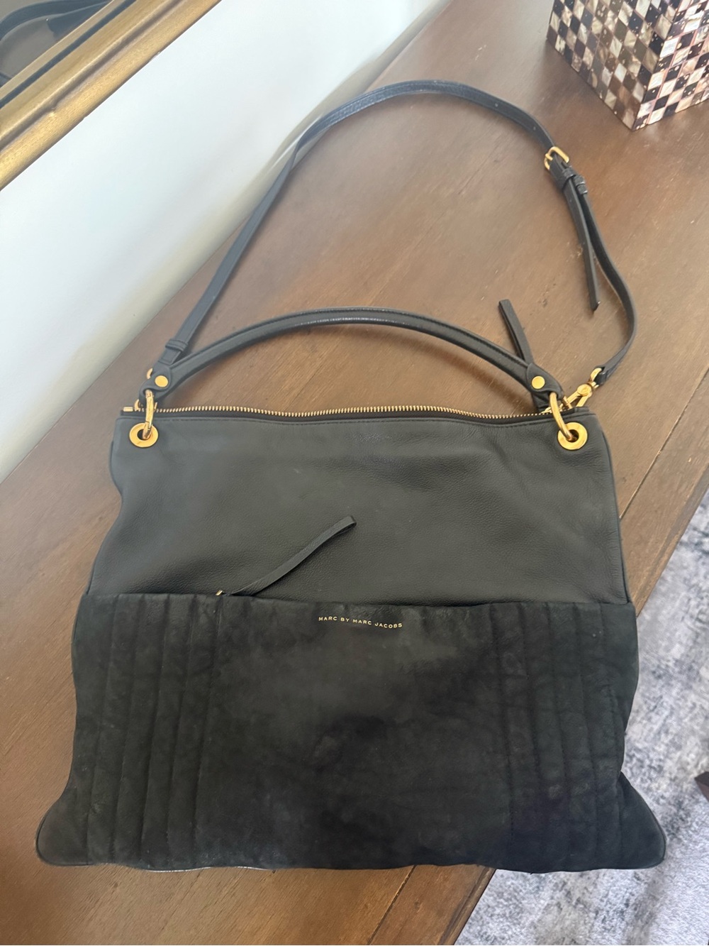 Marc by Marc Jacobs Black Leather & Suede Shoulder Hobo with Gold Hardware